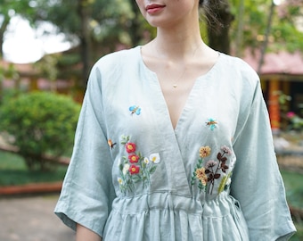 Hand Embroidered V-neck Linen Dress AERA, Wedding Guest Dress, Custom fit