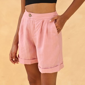 High waist linen shorts with pockets AVERY, Pleated linen shorts, Linen shorts women, Summer shorts, Beach shorts, Natural linen shorts
