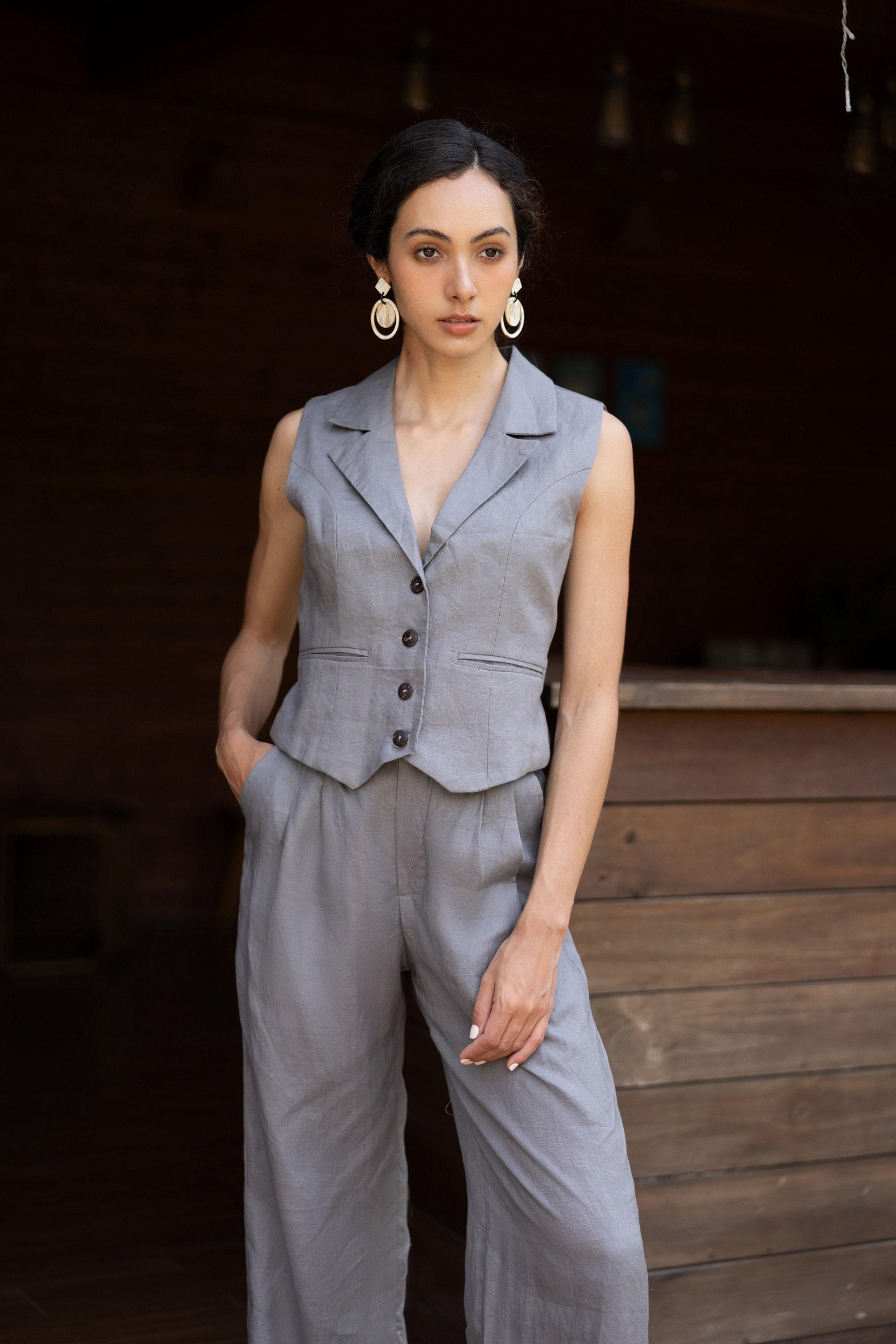 Linen Vest and Pants EDIE, Sleeveless Blazer Matching Set, Custom