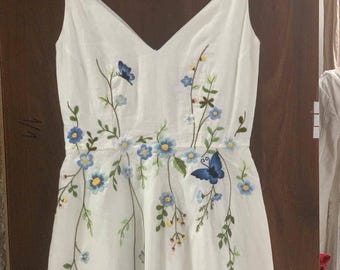 Floral Linen Wedding Dress CAILY, Embroidery Garden Gown, Custom Fit