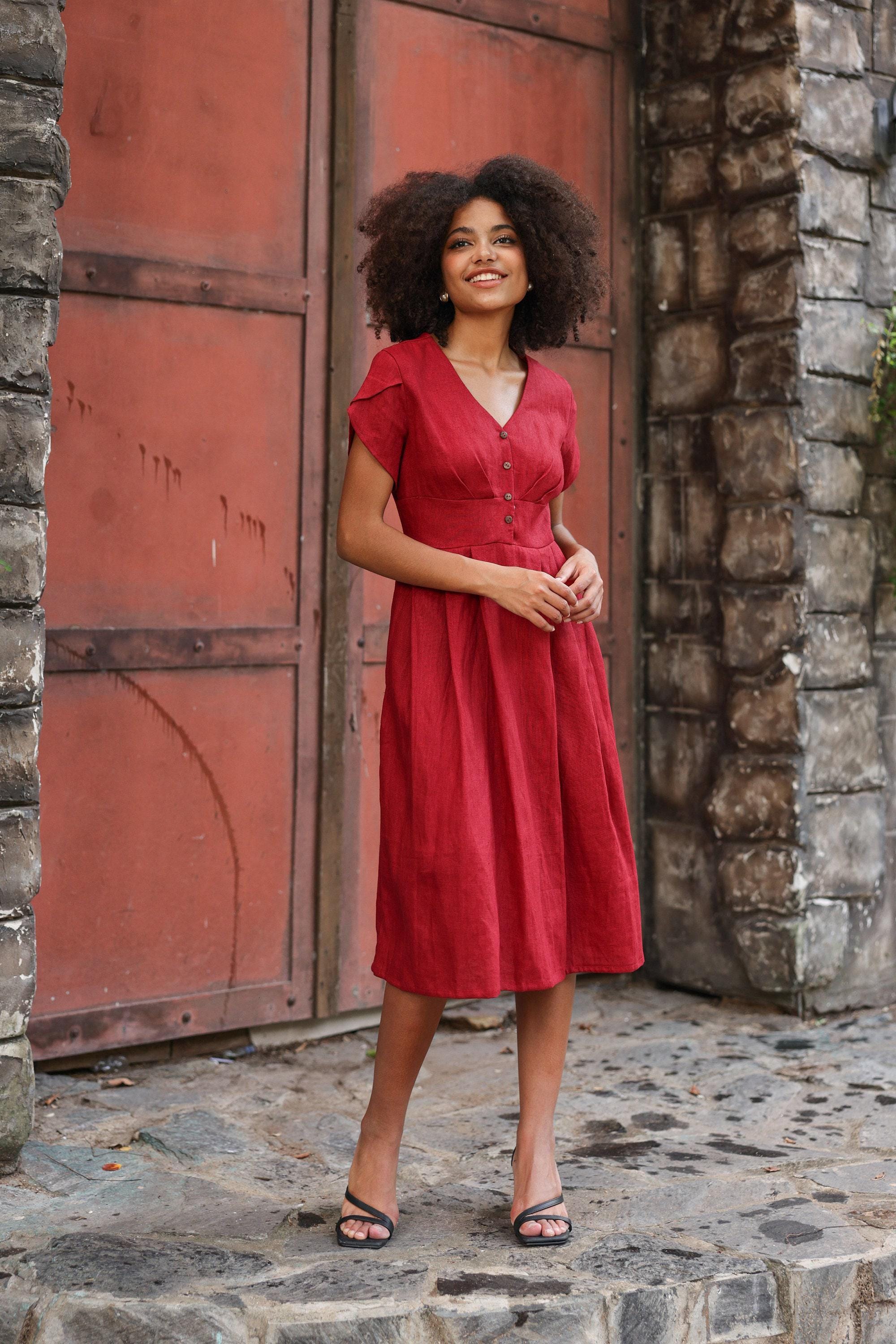 Tulip Sleeve V-neck Linen Dress CHORA, Wedding Guest Dress, Custom