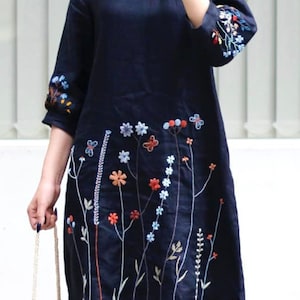Handmade embroidery dress NOAH, Casual linen dress with sleeves, Embroidered linen clothing, Linen dress, Custom dress, Plus size dress