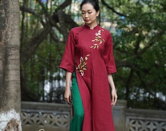 Handmade embroidery linen ao dai for women, Vietnamese ao dai linen, Embroidered ao dai with pants, Ao dai women modern, Springluc ao dai