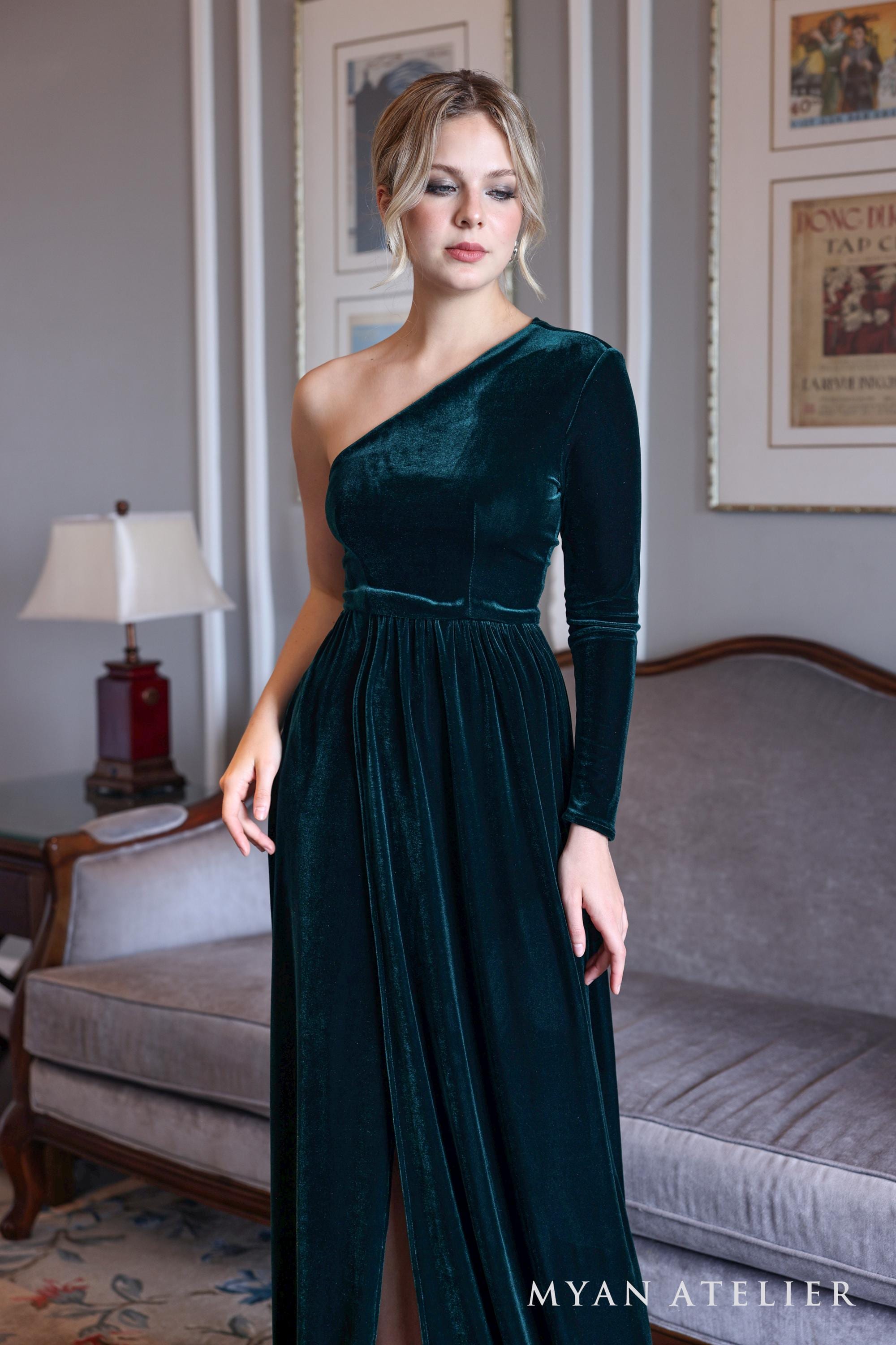 One shoulder velvet dress VINA, Bridesmaid dress, Emerald dress, Formal velvet gown, Evening velvet dress, velvet dress women, Custom dress