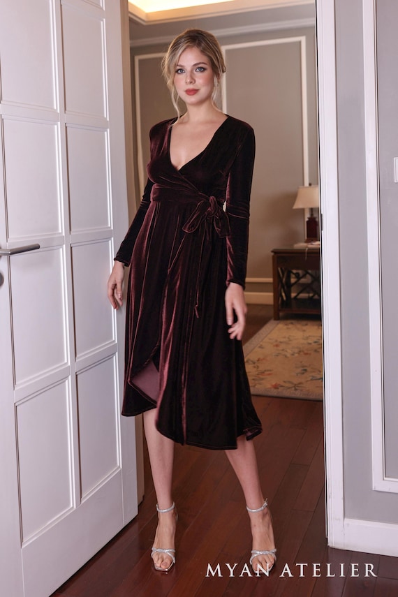 formal velvet wrap dress Velvet Wrap Dress HALEY, Tie Waist Evening Gown, Custom Fit