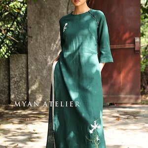 Floral embroidery linen ao dai, Modern Vietnamese ao dai, Ao dai with pants, Traditional Vietnamese dress, One-of-a-kind ao dai ELA-W36