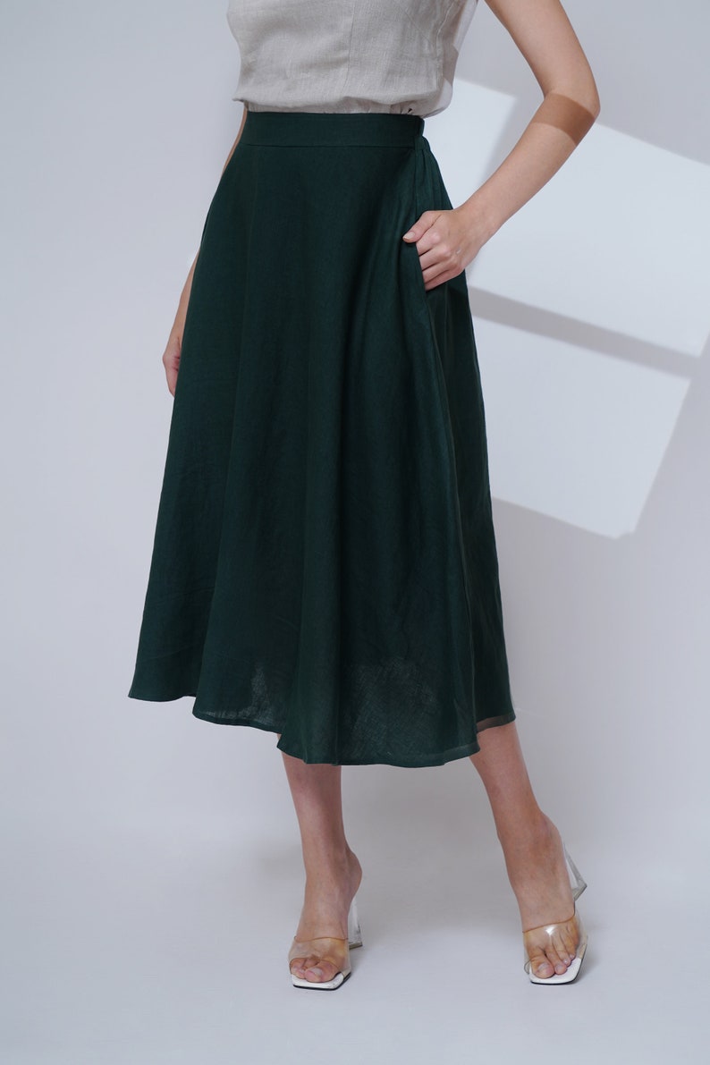 Dark turquoise linen circle skirt, Maxi length skirt, Button front skirt, oversize linen skirt with button closure, linen skirt with pockets 画像 2