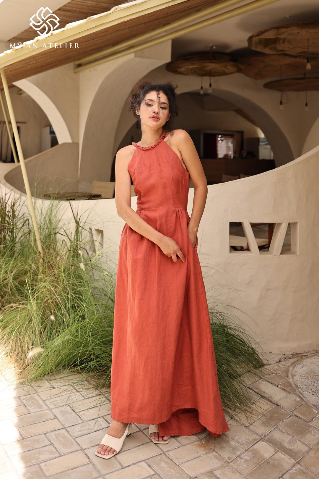 Sleeveless Halter Maxi Linen Dress CANDICE, Wedding guest dress, Custom fit Sleeveless Halter Maxi Linen Dress CANDICE, Wedding guest dress, Custom fit