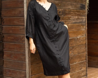 Button front linen dress RAINA, Black linen dress, Linen midi dress, v-neck linen dress, Linen dress long sleeve, Plus size dress