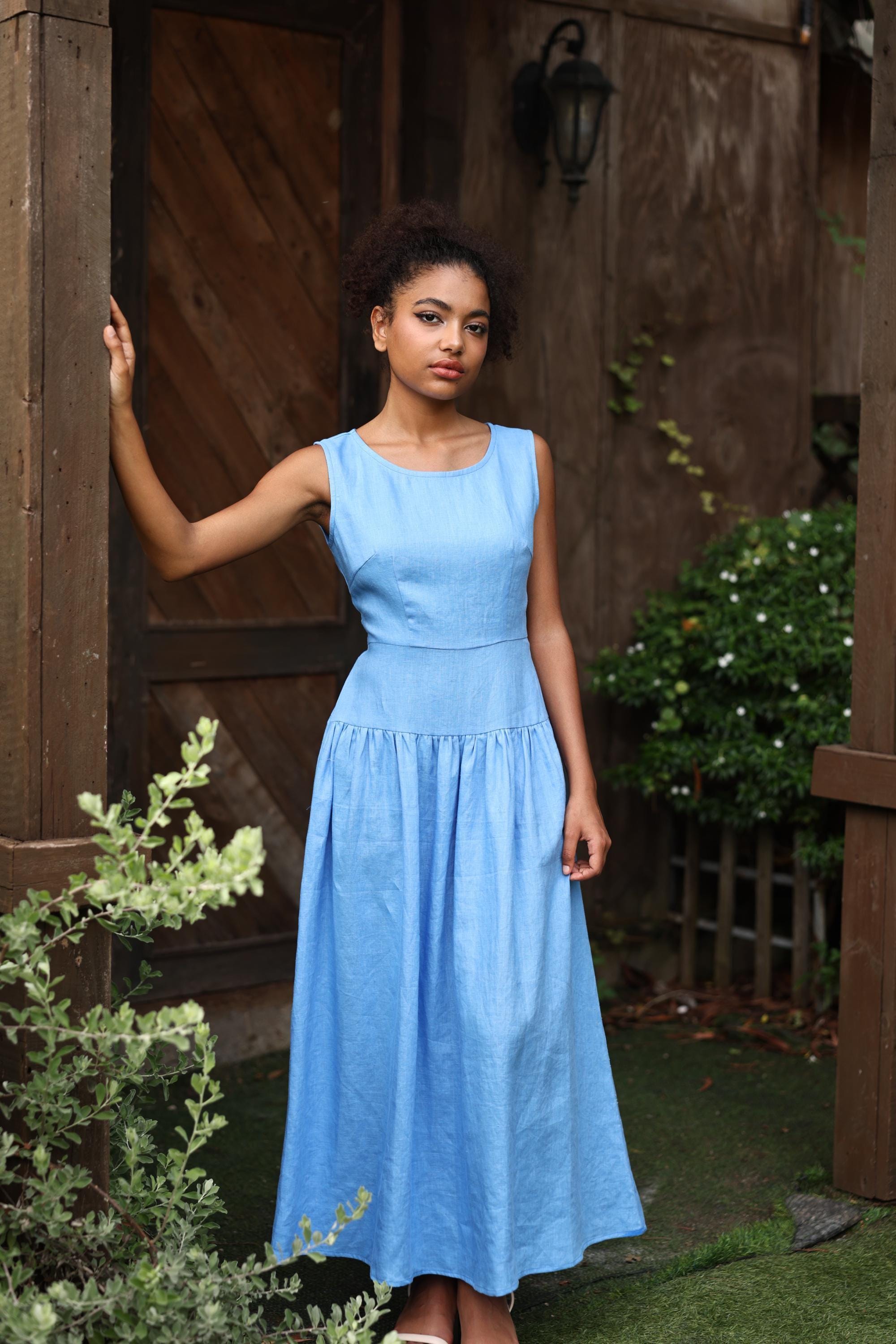 Sleeveless Dropped Waist Linen Dress WINONA, Wedding guest dress, Custom fit