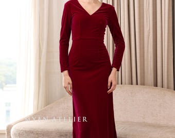 LOVIA / Vestido de noche de terciopelo / Escote en V / Cintura fruncida / Hecho a medida