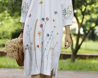 Handmade embroidery Linen Dress CELINE, Long sleeves linen dress, Linen Dress for Mother of the Bride, Loose linen dress, Handmade dress