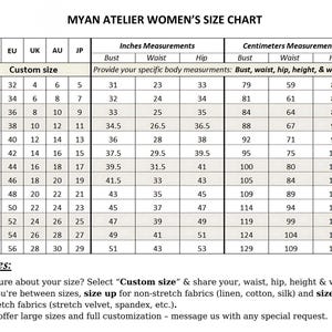 Detailed measurement guide for linen dress dress in sizes 0 US to 24 US, including a custom-size option for a perfect tailored fit.