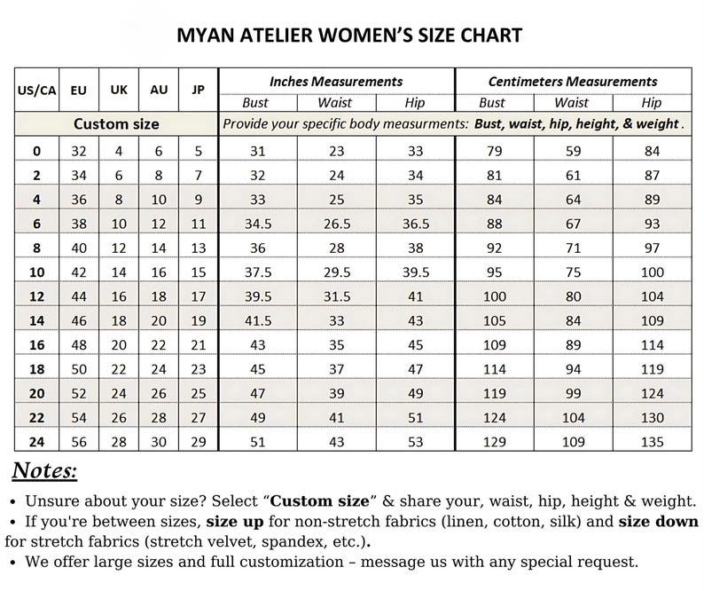 Detailed measurement guide for linen dress dress in sizes 0 US to 24 US, including a custom-size option for a perfect tailored fit.