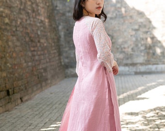 Linen ao dai women, Pink ao dai for girls, Ao dai with pants, Vietnamese ao dai women, Mini flower pink ao dai, Linen ao dai modern