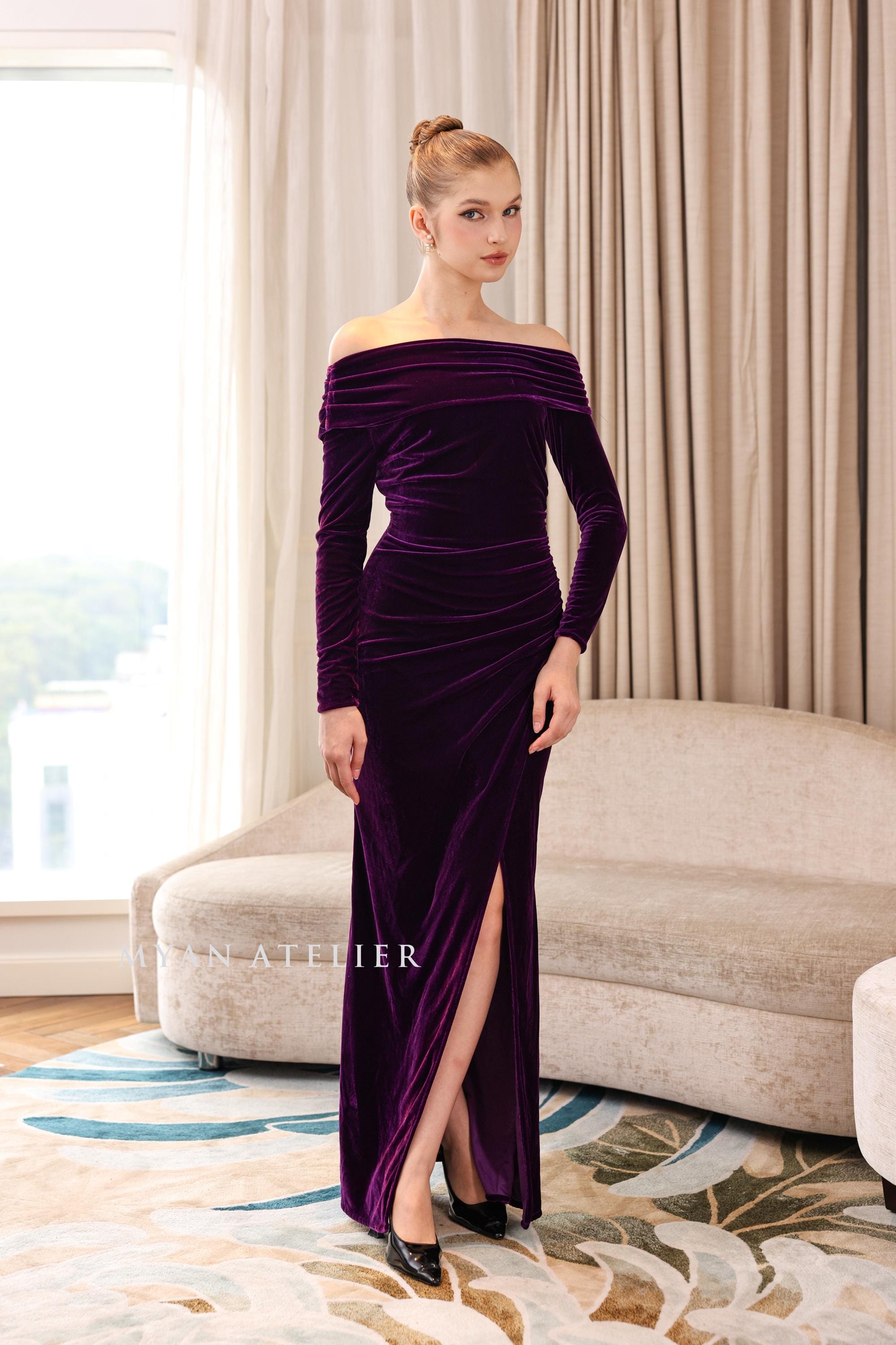 Asymmetrical neckline Velvet dress SORIN, Long sleeve formal dress, Velvet bridesmaid dress, Velvet dress women, Custom dress, Violet dress