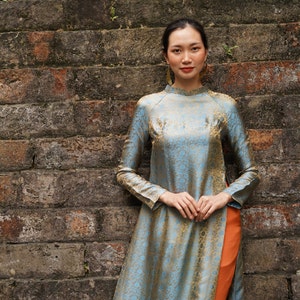 Pattern Silk Vietnamese Tunic Dress, Traditional Silk Ao Dai, Custom Size