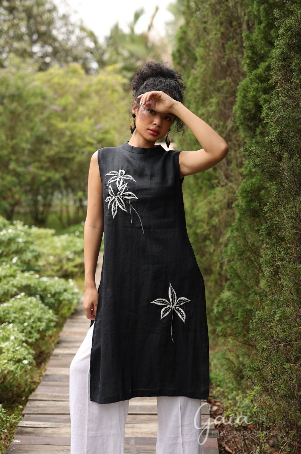 Hand Embroidered Round Neck Linen Tunic Top DINAN, Wedding Guest Dress, Custom fit