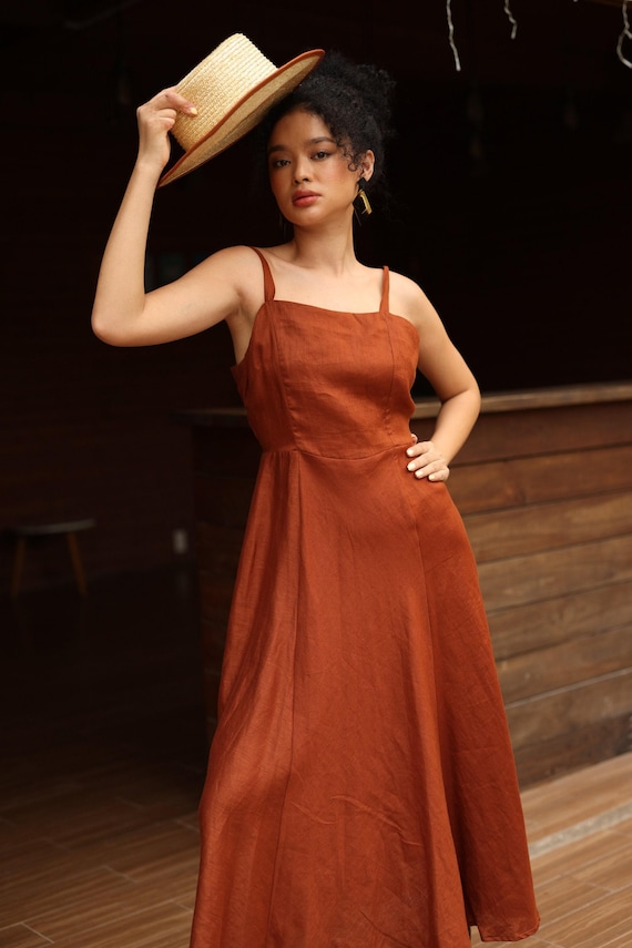Spaghetti Strap Square Neck Linen Dress MIA, Wedding guest dress, Custom fit Spaghetti Strap Square Neck Linen Dress MIA, Wedding guest dress, Custom fit