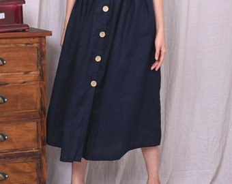 Royal Blue linen circle skirt, Maxi length skirt, Button front skirt, oversize linen skirt with button closure, linen skirt with pockets