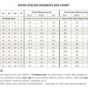 Detailed bridal measurement guide for custom-made wedding gowns in sizes 0 US to 24 US, including our signature made-to-measure service for a perfectly tailored fit.