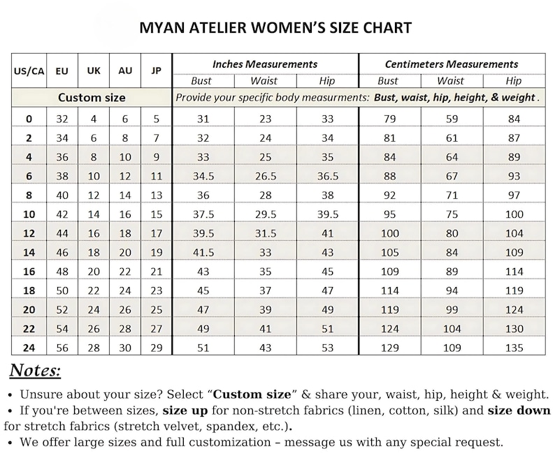 Detailed bridal measurement guide for custom-made wedding gowns in sizes 0 US to 24 US, including our signature made-to-measure service for a perfectly tailored fit.