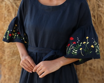 Hand Embroidered Bell Sleeve Round Neck Linen Dress MIRA, Wedding Guest Dress, Custom fit