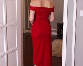 strapless open back dress OFF-SHOULDER VELVET PETAL NECKLINE A LINE MAXI DRESS IN RED | CULT MIA main image 1