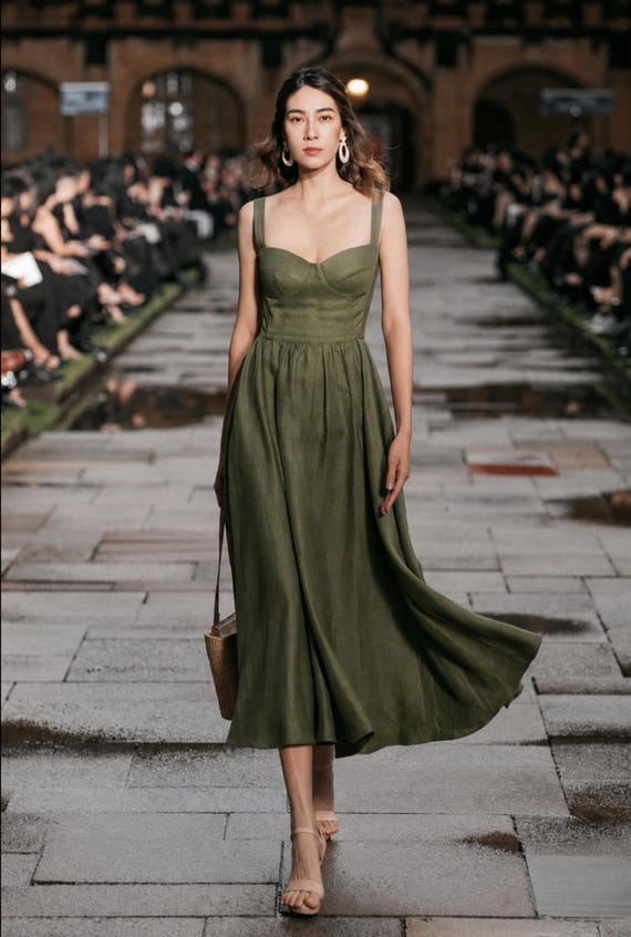 Custom Linen Midi Dress with Structured Bust Cups, Custom Fit