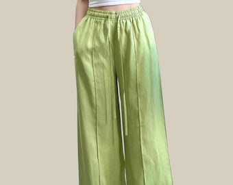 Leinen Palazzo Hose PULIA, Kordelzug Taille Hose, Passgenau