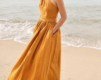 One Shoulder Gather Skirt Linen Dress ALINA, Wedding guest dress, Custom fit