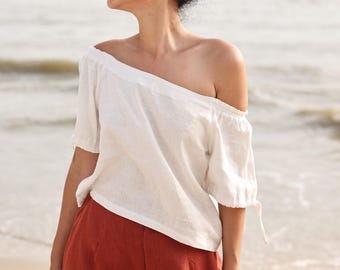 Boat neck linen top ROBIN, Casual linen summer blouse, Custom fit