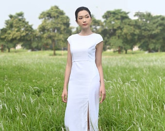 Linen wedding dress with slits SIA, Sheath linen bridal gown, Minimalist wedding linen dress, V back wedding dress, Simple wedding dress