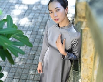 Gray silk ao dai women, Mulberry silk ao dai, Premium silk ao dai, Ao dai women with pants, Silk ao dai tunic dress, Ao dai women modern