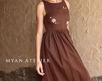 Hand Embroidered Round Neck Linen Dress PERLA , Wedding Guest Dress, Custom fit