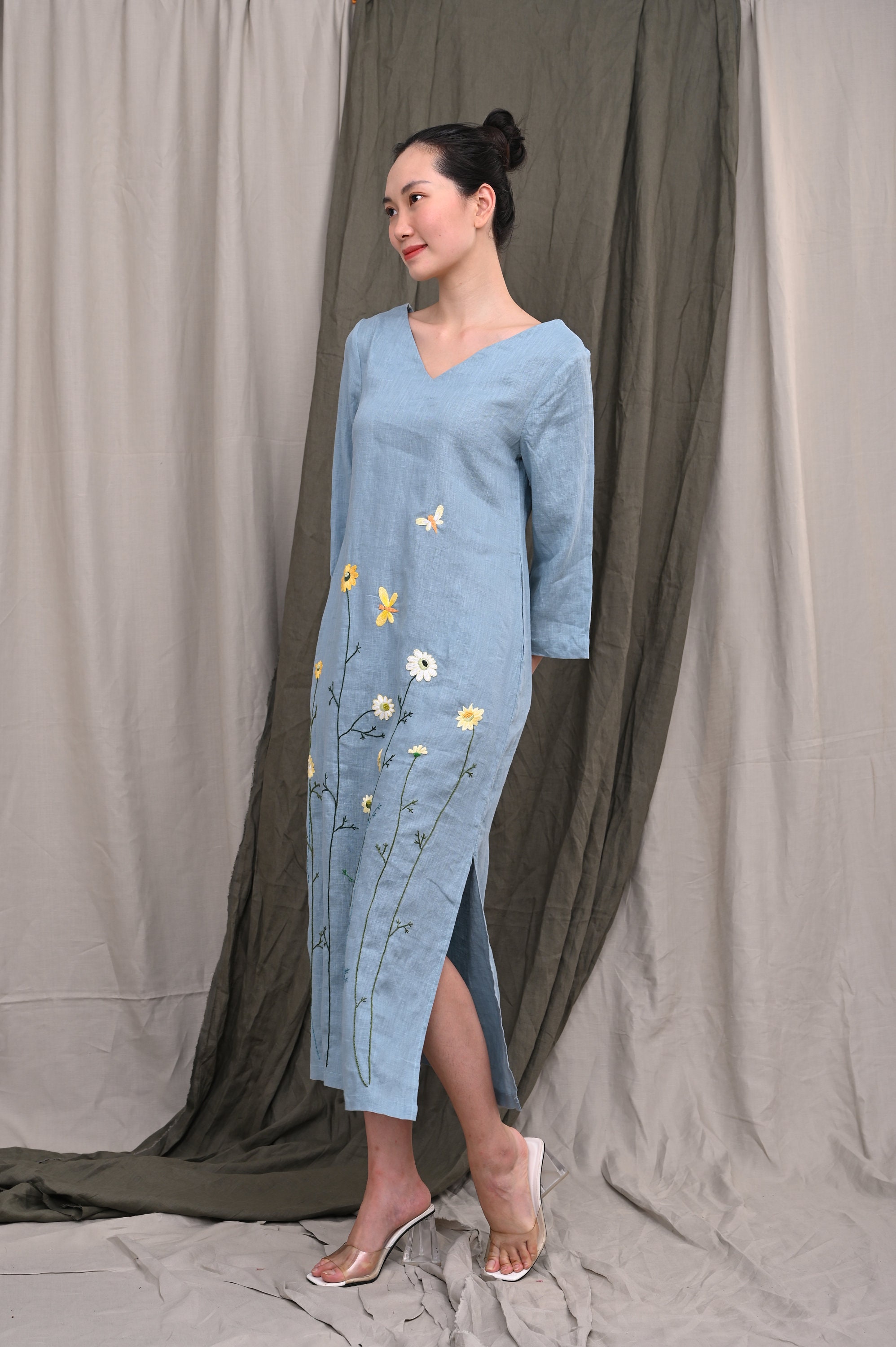 Art floral linen dresses v neck asymmetric robes Dresses
