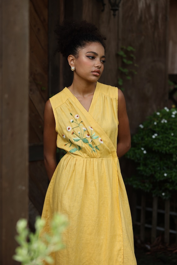 Hand Embroidered V-neck Warp Linen Dress NAOMI, Wedding Guest Dress, Custom fit Hand Embroidered V-neck Warp Linen Dress NAOMI, Wedding Guest Dress, Custom fit