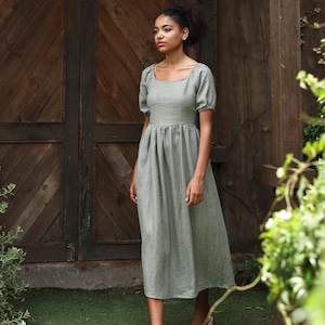 Puff sleeve linen dress DAISY, Rustic summer dress, Wedding guest dress, Elegant dress, Linen dress for women, Custom dress, Linen clothing