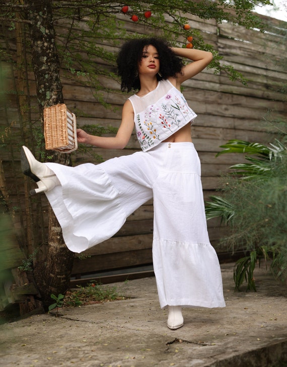 Tiered Wide Leg Pants, Flowy Linen Pants, Linen Boho Pants