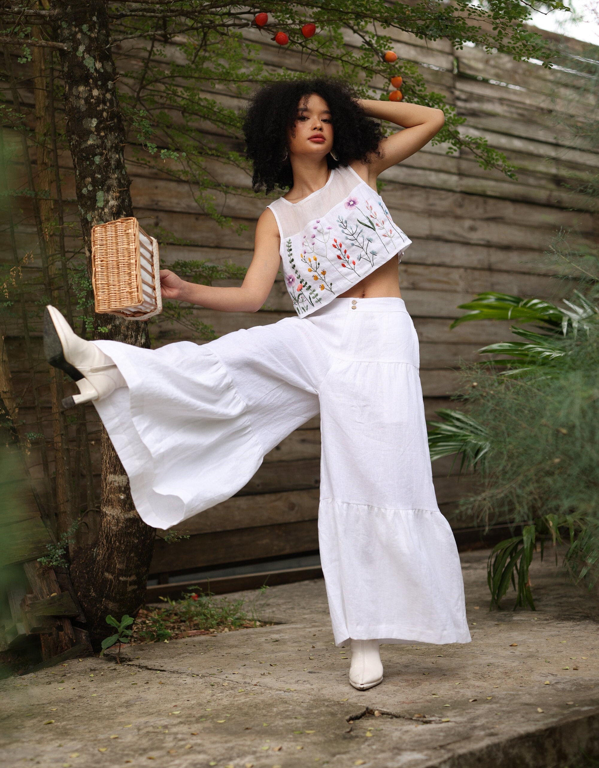 Tiered Wide Leg Pants, Flowy Linen Pants, Linen Boho Pants