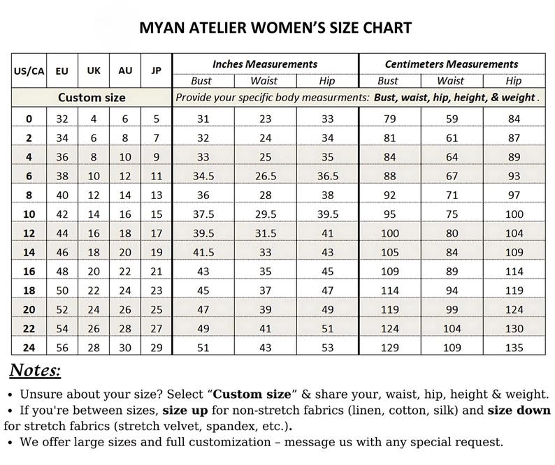 Detailed measurement guide for linen dress dress in sizes 0 US to 24 US, including a custom-size option for a perfect tailored fit.