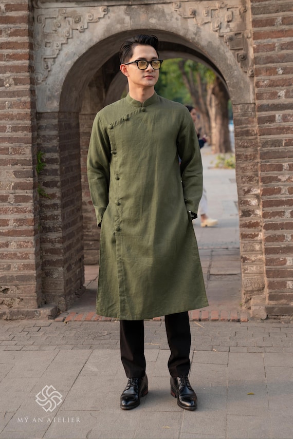 Linen Vietnamese Long Dress Men, Men Vietnamese Tunic Dress, Ao