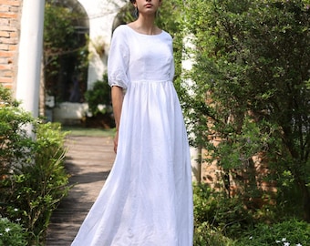 Boho linen wedding dress SCARLETT, V-back bridal gown, Custom fit