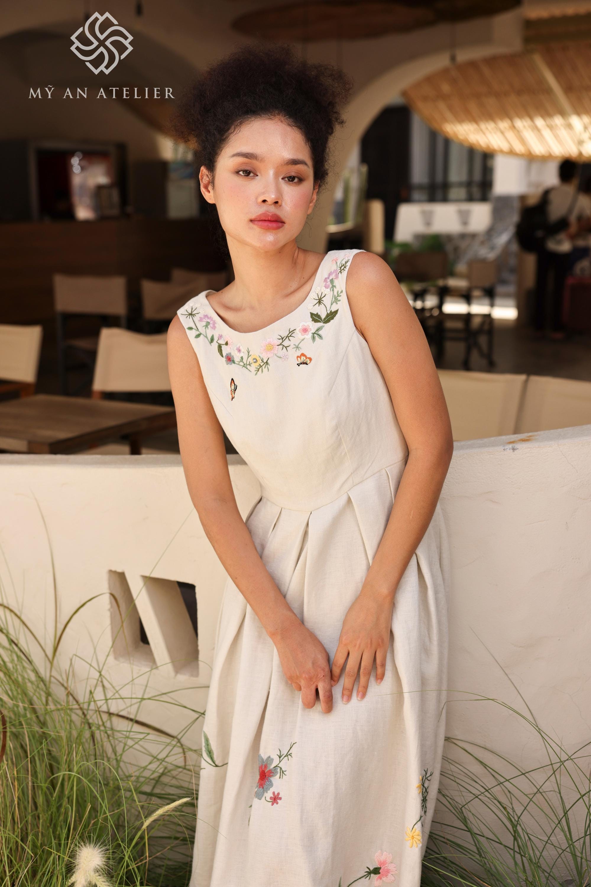 Hand Embroidered Boat Neck Linen Dress