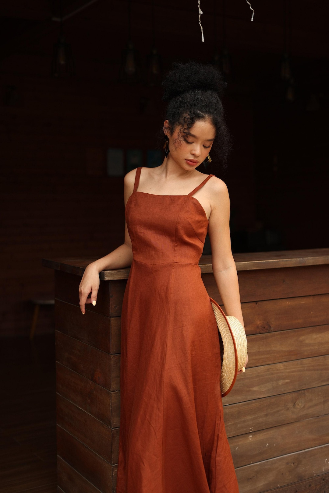 Spaghetti Strap Square Neck Linen Dress Mia, Wedding Guest Dress, Custom Fit