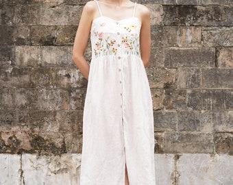 Handmade Embroidery Sundress Linen FLORA, Linen Spaghetti Handmade Embroidery Sundress Linen FLORA, Linen Spaghetti