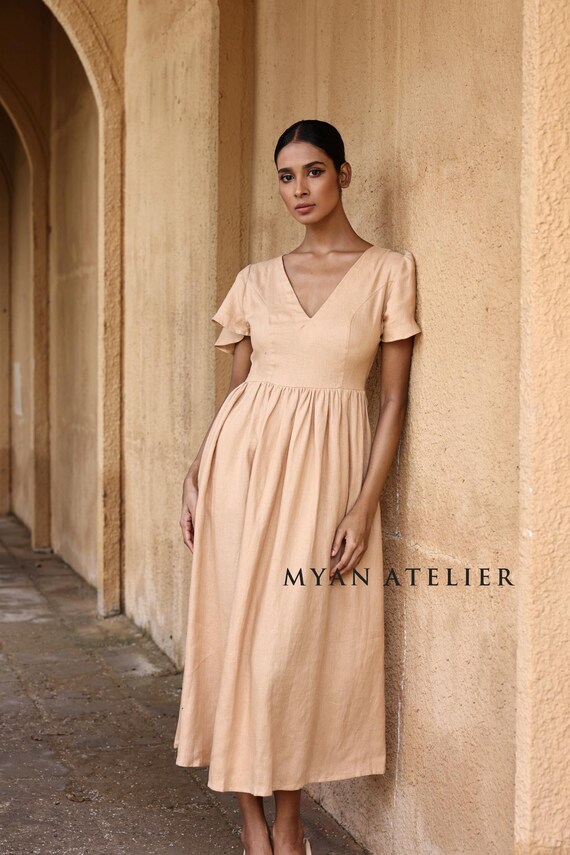 Linen Flutter Sleeve Dress SYLORIA - V-neck Midi Dress - Made to Order - Etsy Denmark Linen Flutter Sleeve Dress SYLORIA - V-neck Midi Dress - Made to Order - Etsy Denmark