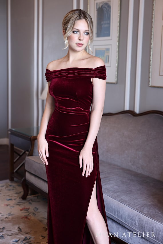 Long velvet gown ELVA, High slit velvet dress, Wine velvet dress, Party velvet dress, velvet dress women, Custom dress, velvet evening gown