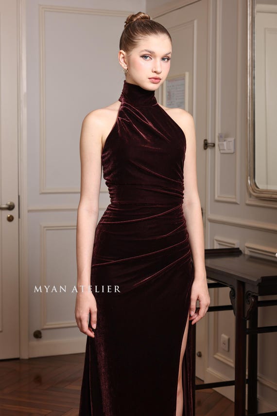 Halter Neck Velvet Gown ORAYA, Holiday Party Dress, High Neck Dress, Chocolate Velvet Dress, Gala Dress, Velvet Dress Women, Custom Dress