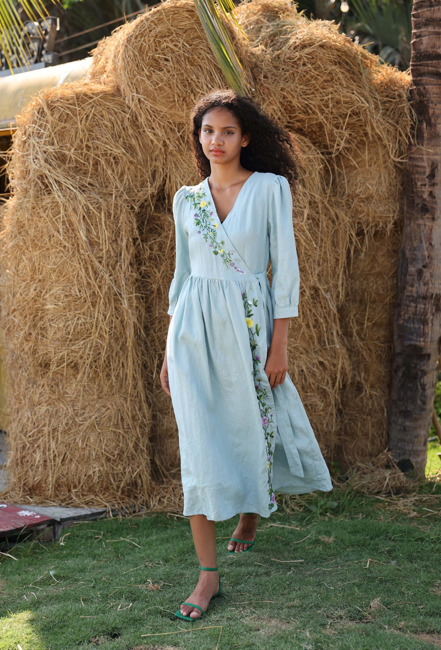 Hand Embroidered Deep V-neck Wrap Linen Dress PAISLEY, Wedding Guest Dress, Custom fit
